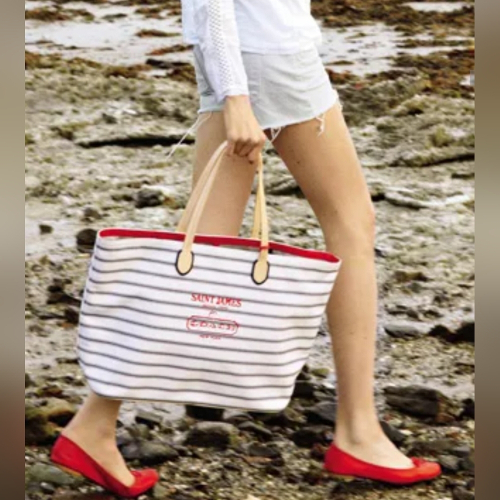 Coach "St. James" LEGACY Red Cream Blue XX Large Canvas Nautical Striped Tote - Picture 2 of 14